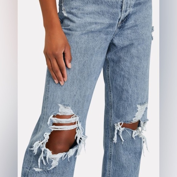 Agolde Blue Distressed Straight Leg Jeans - Picture 7 of 16